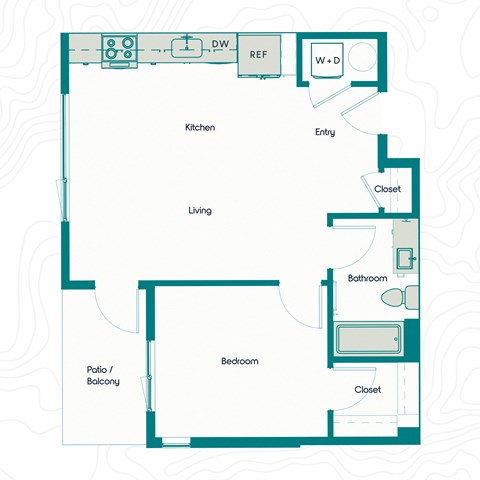 Floor plan for 1 bed, 1 bath, 661 sqft